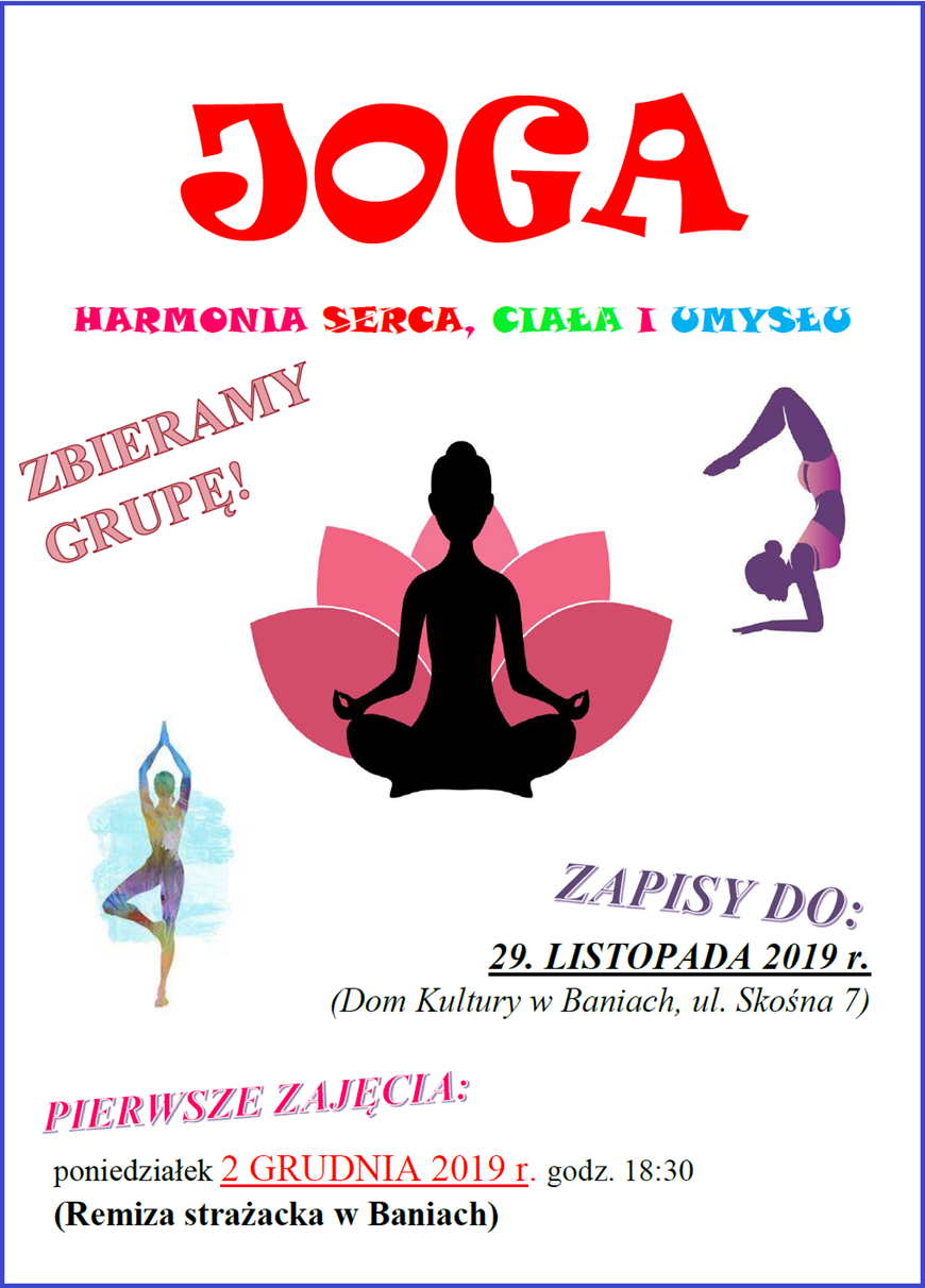 plakat ogłaszający zapisy na zajęcia jogi 