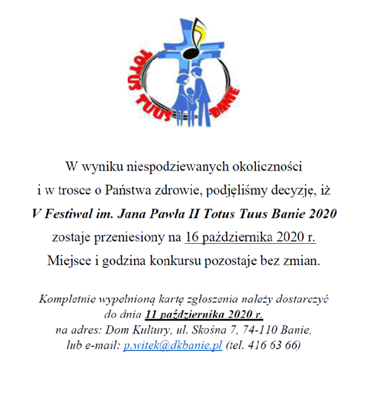 Logo V Festiwalu im. Jana Pawła II Totus Tuus Banie 2020