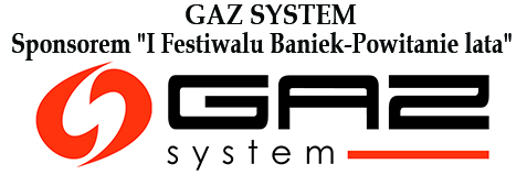 Logo GAZ SYSTEM z napisem informującym, że jest sponsorem I Festiwalu Baniek-Powitanie lata