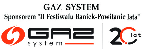 Logo GAZ SYSTEM z napisem informującym, że jest sponsorem I Festiwalu Baniek-Powitanie lata