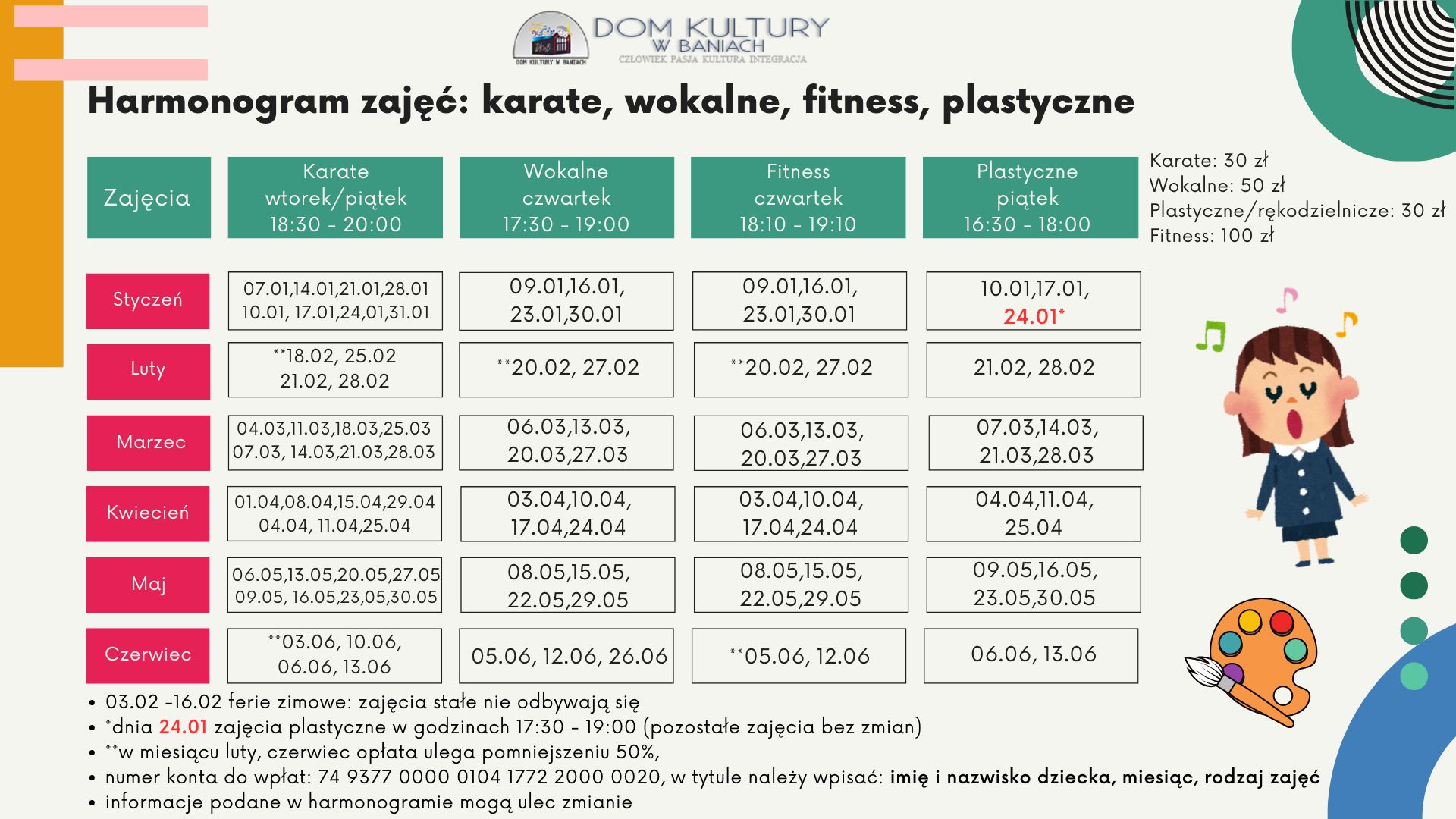 Harmonogram zajęć karate, wokalne, fitness, plastyczne