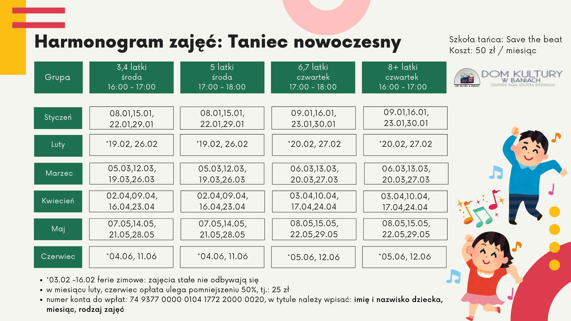 harmonogram zajęć dla tańca nowoczesnego