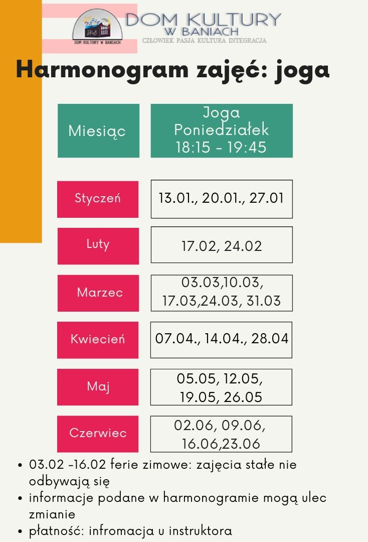 harmonogram zajęć dla jogi