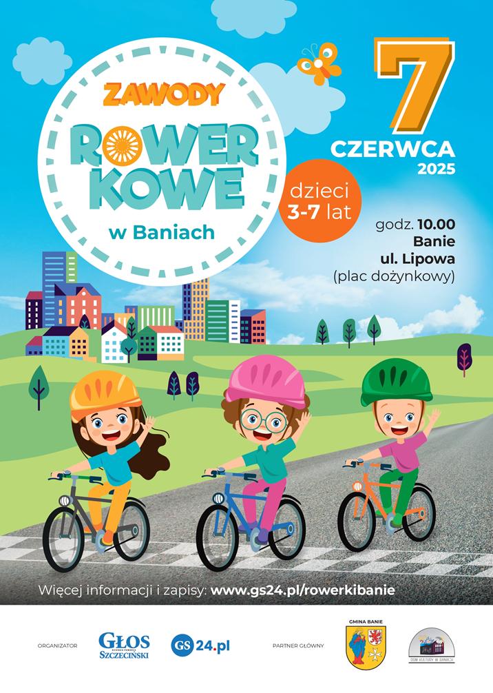 Rowerkowe zawody plakat - zaprasza dzieci do udziału w zabawie