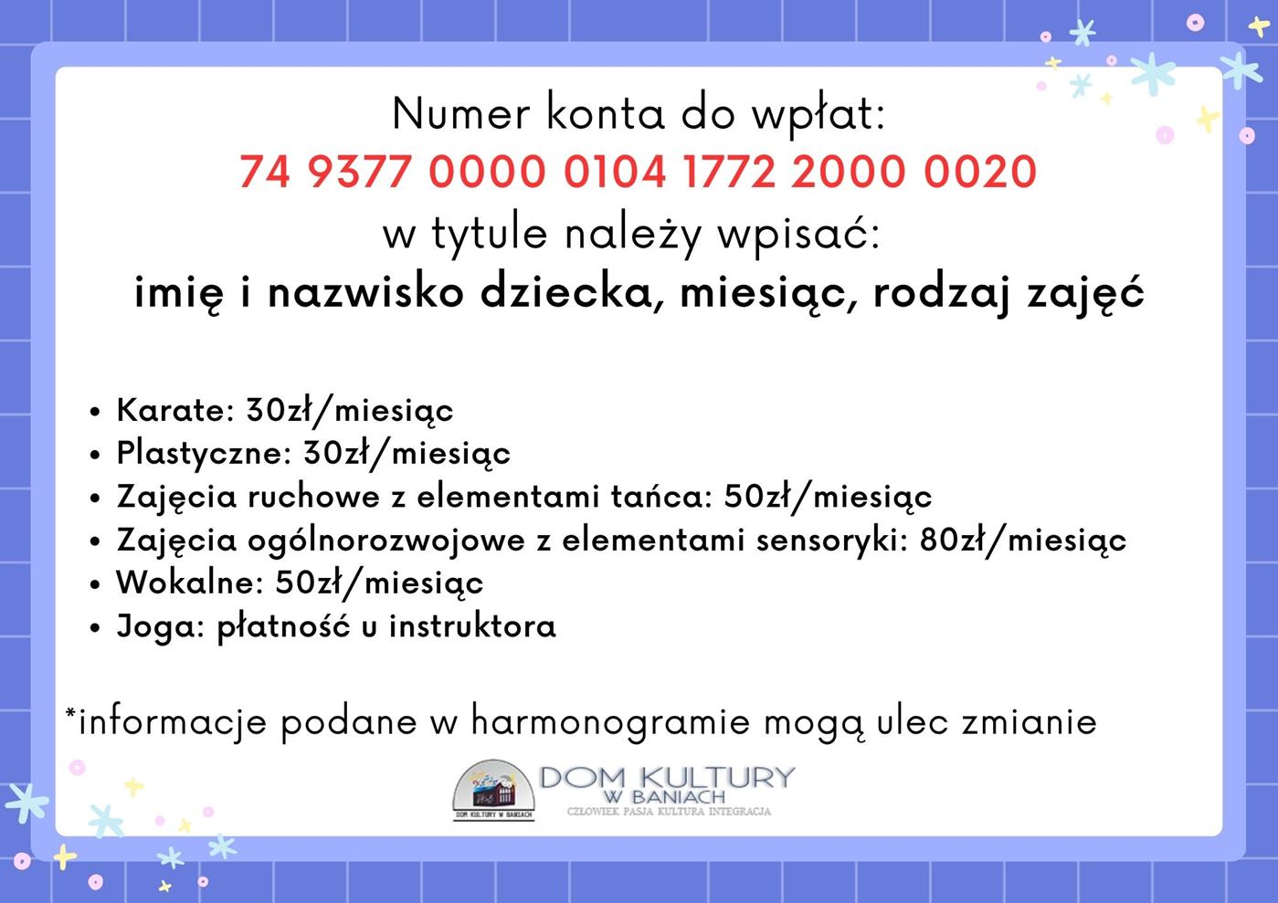 Informacja o numerze konta do wpłąt za zajęcia