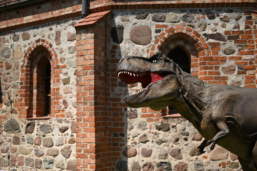 Tyranozaur Rex pozuje na tle Kaplicy św Jerzego