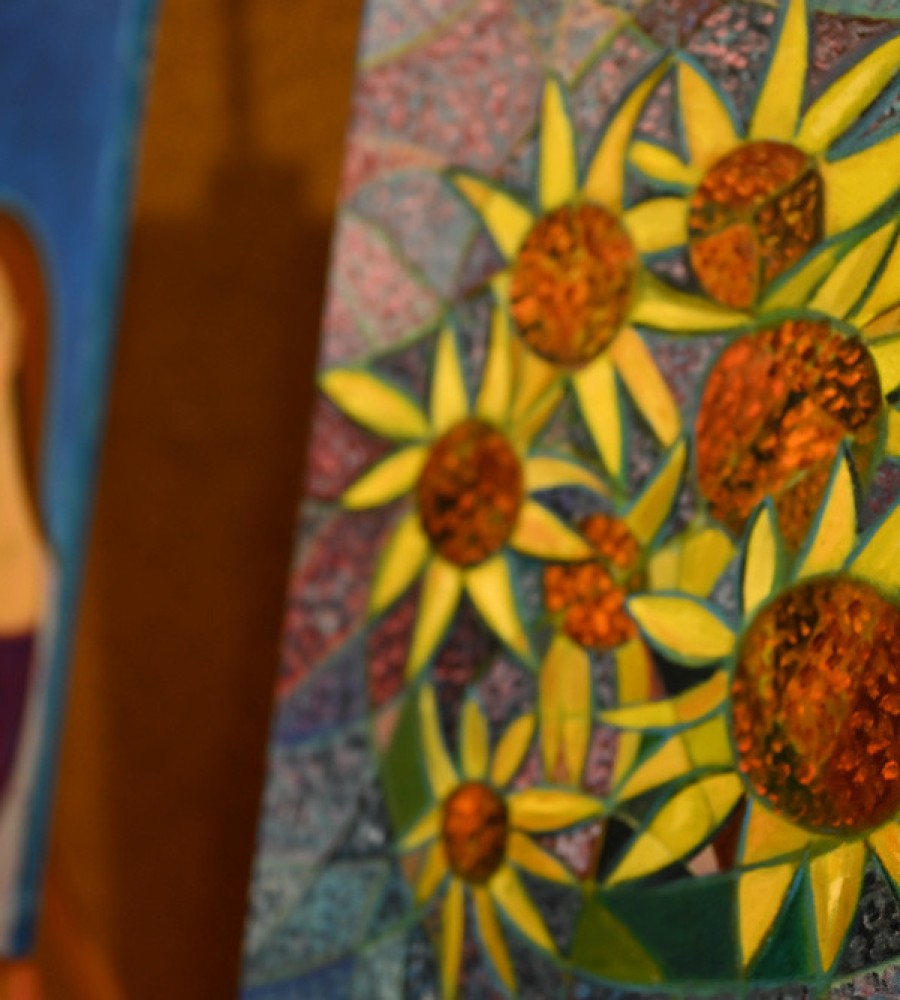 Zbliżenie na obraz przedstawiający słoneczniki